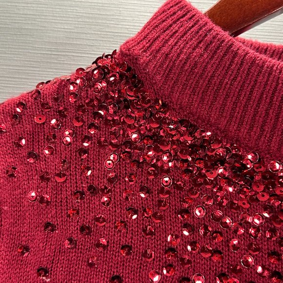 Juicy Couture Sweater Womens Medium Red Sequin Sparkle Mock Neck Pullover - Picture 4 of 7
